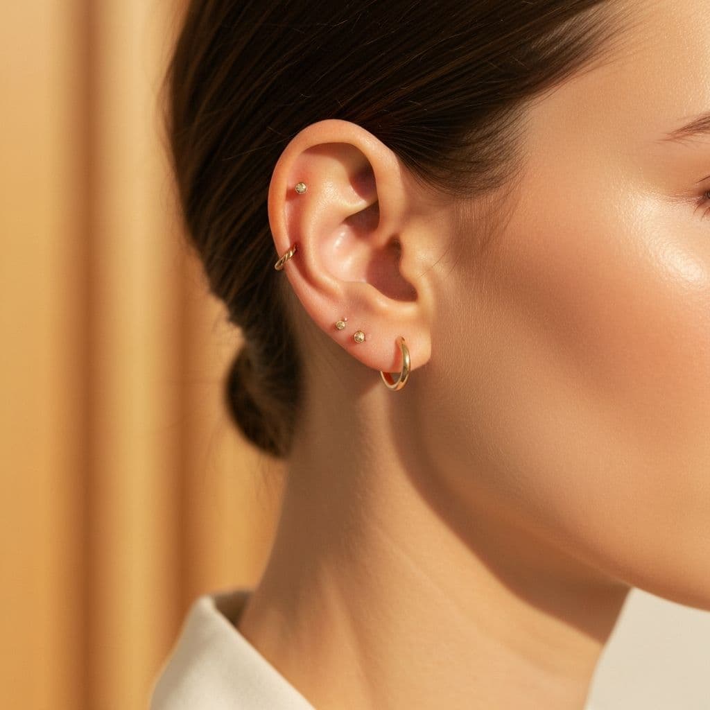 Stack de perforaciones doradas en oreja realizado en Elis Studio